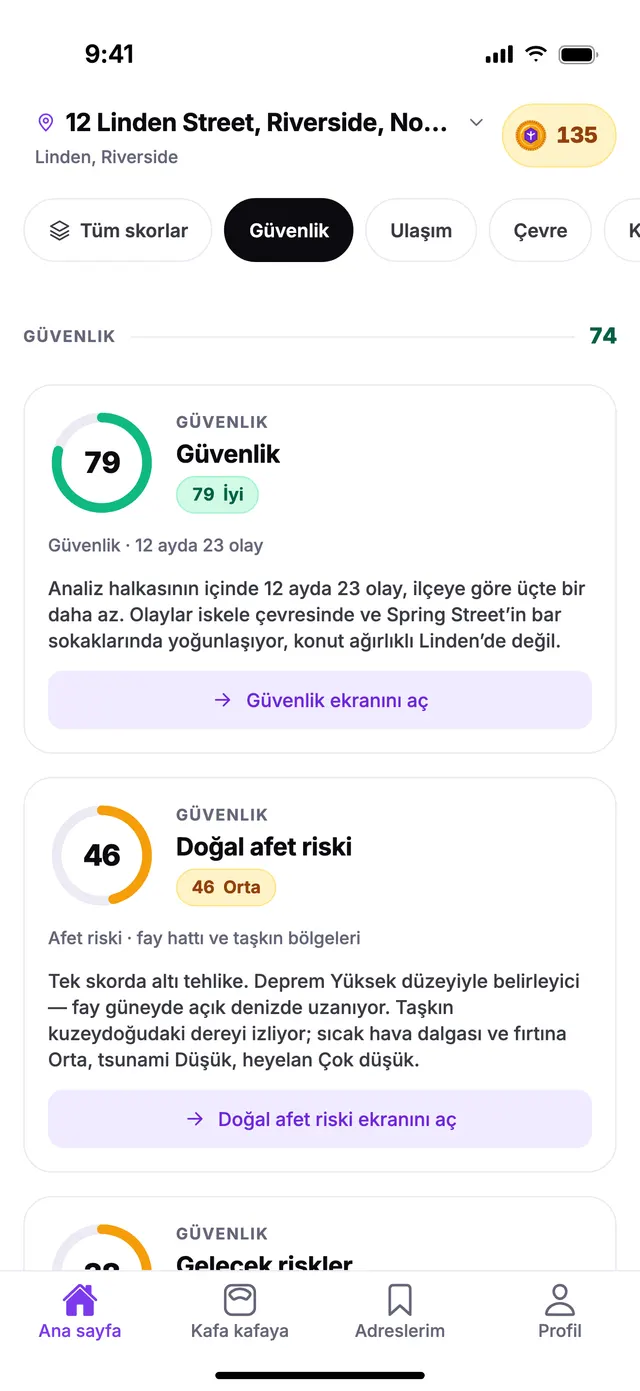 TownSpec Ana sayfasında Güvenlik grubu, örnek bir adres için.