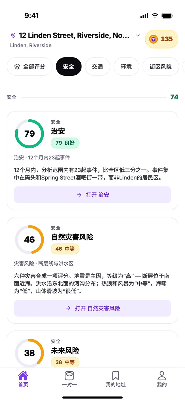 TownSpec 首页上，示例地址的安全分组。