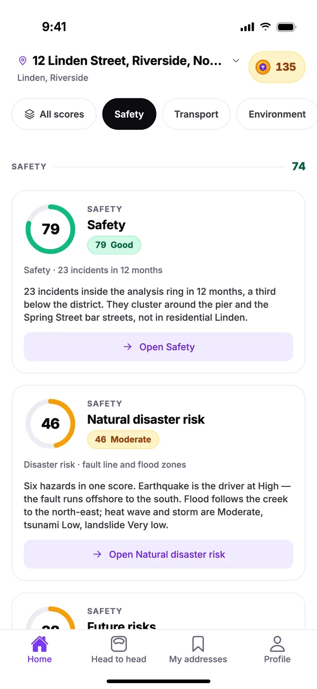 The Safety group on the Home screen of TownSpec, for an example address.