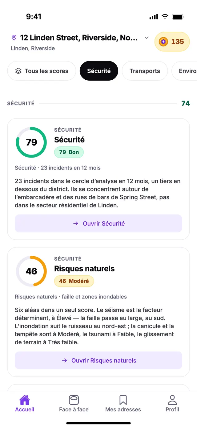 Le groupe Sécurité sur l’écran Accueil de TownSpec, pour une adresse d’exemple.