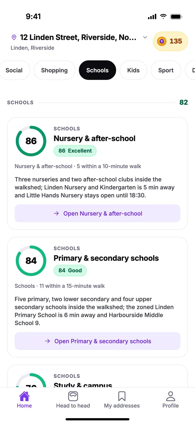 The Schools group on the Home screen of TownSpec, for an example address.