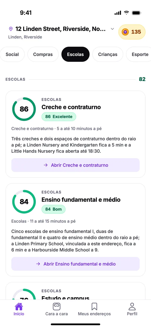 O grupo Escolas na tela Início do TownSpec, para um endereço de exemplo.