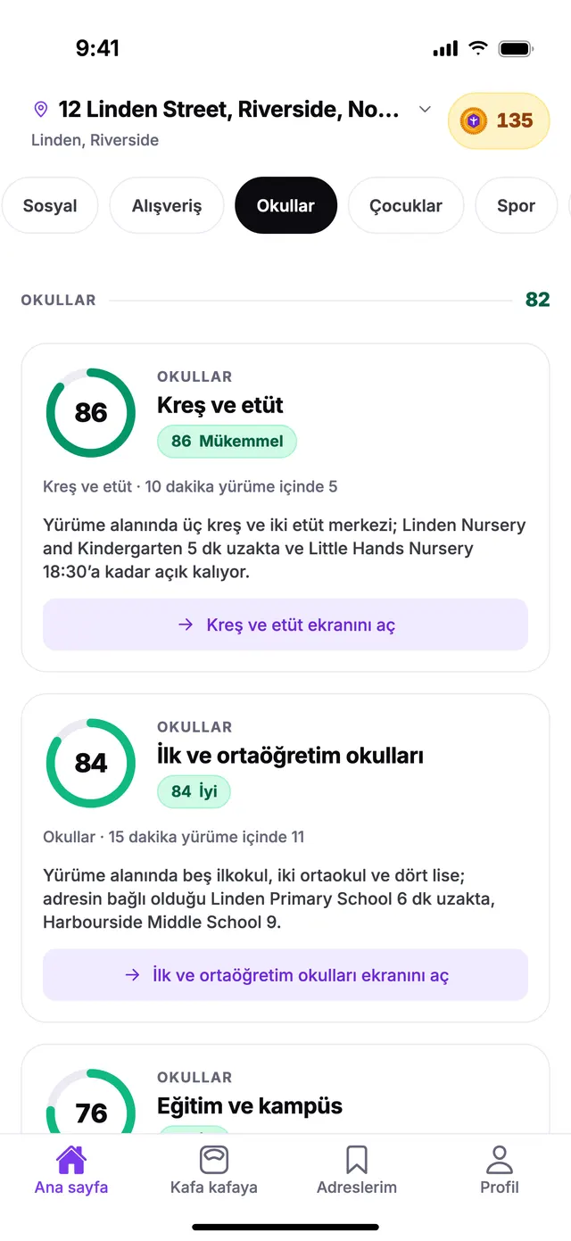 TownSpec Ana sayfasında Okullar grubu, örnek bir adres için.
