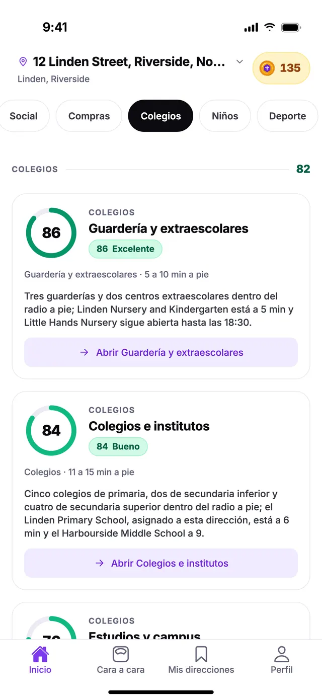 El grupo Colegios en la pantalla de Inicio de TownSpec, con una dirección de ejemplo.