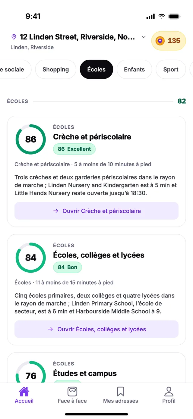 Le groupe Écoles sur l’écran Accueil de TownSpec, pour une adresse d’exemple.