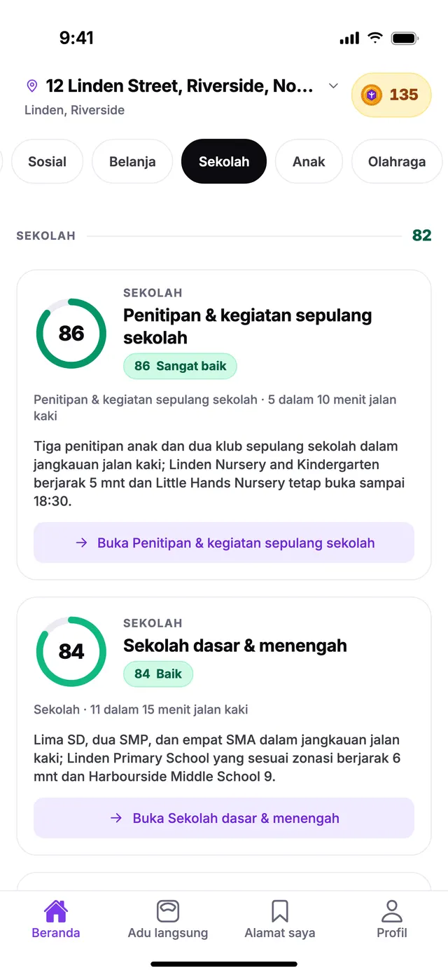 Grup Sekolah di layar Beranda TownSpec, untuk alamat contoh.