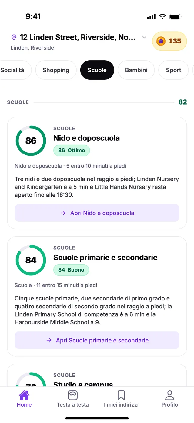 Il gruppo Scuole nella schermata Home di TownSpec, per un indirizzo di esempio.