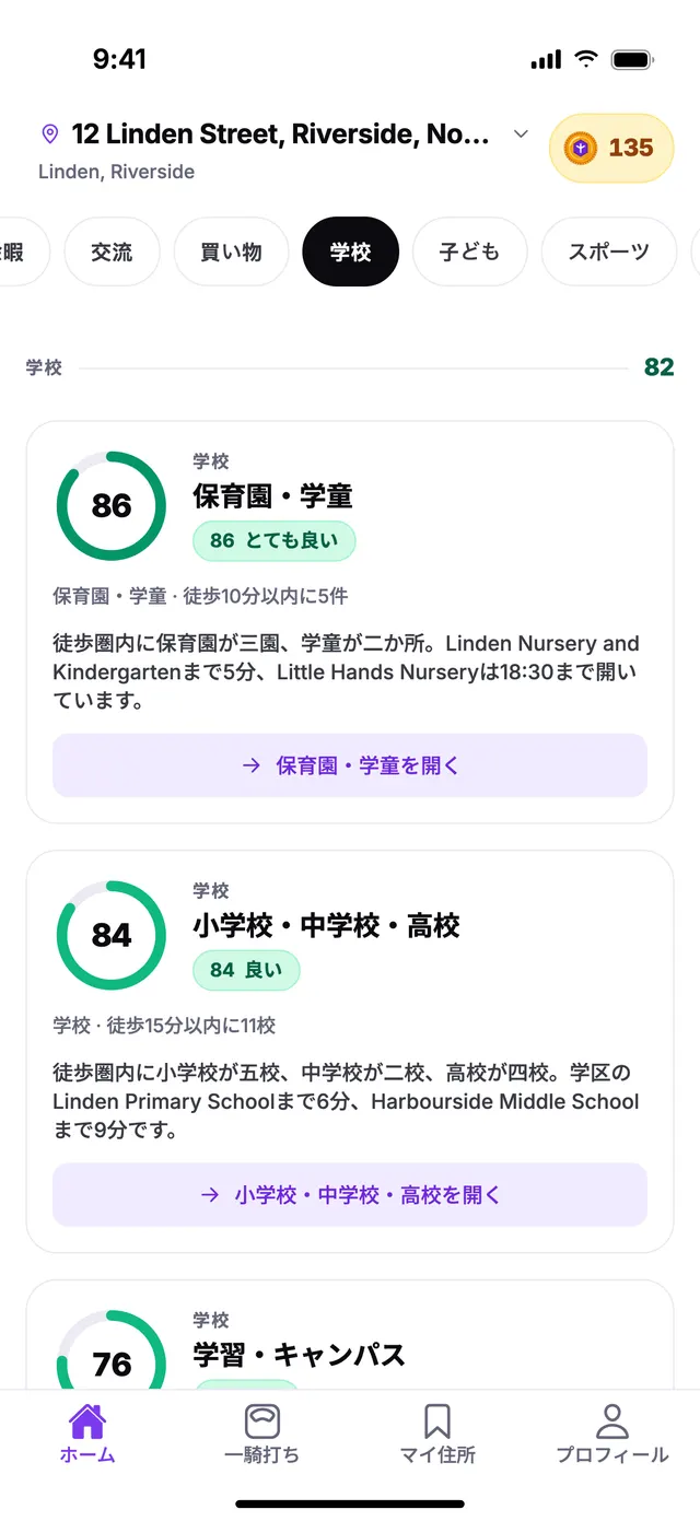 TownSpecのホーム画面にある学校グループ。サンプル住所での表示例です。