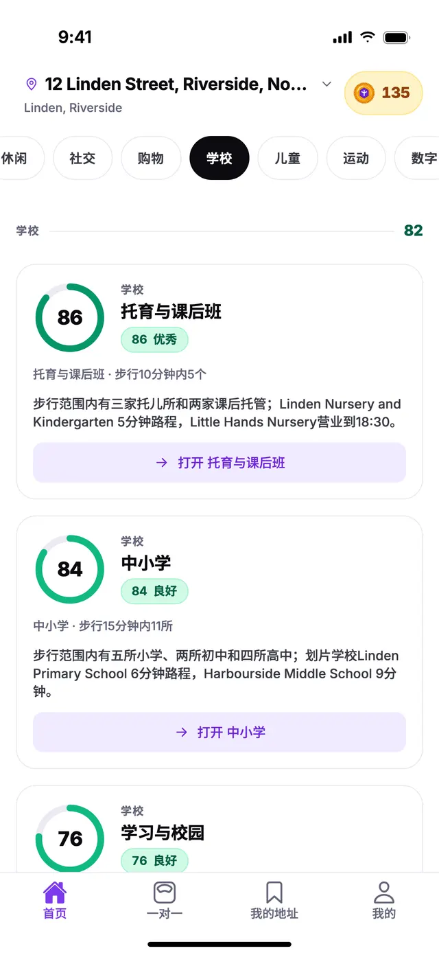 TownSpec 首页上，示例地址的学校分组。
