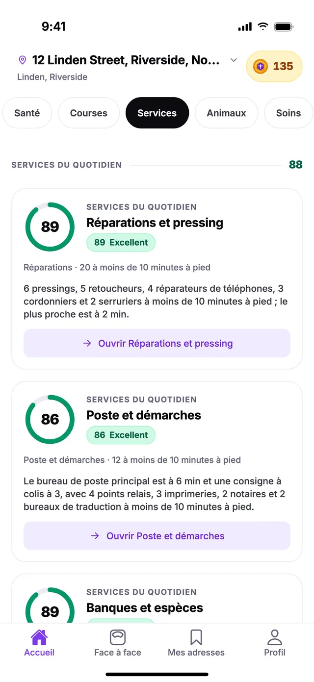 Le groupe Services du quotidien sur l’écran Accueil de TownSpec, pour une adresse d’exemple.