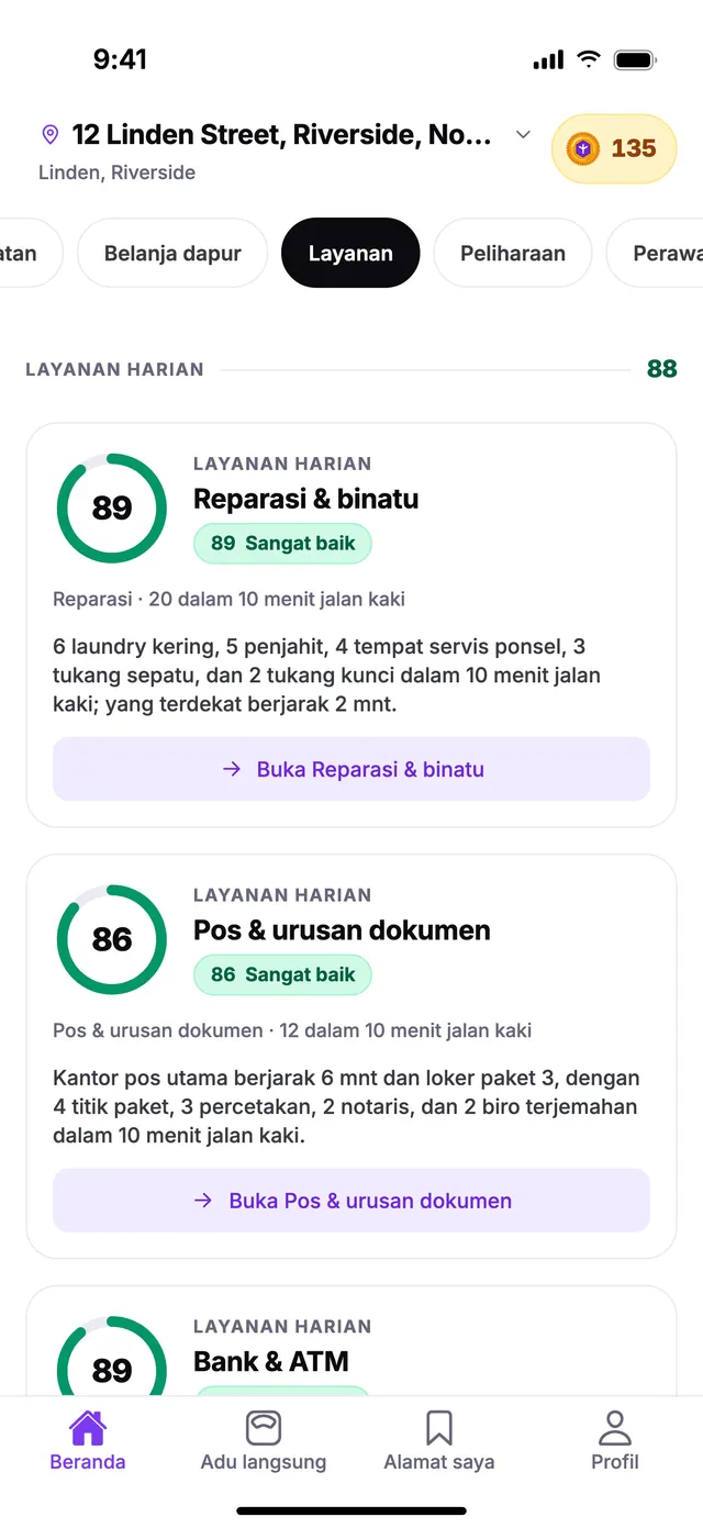 Grup Layanan harian di layar Beranda TownSpec, untuk alamat contoh.