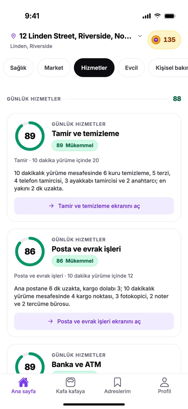TownSpec Ana sayfasında Günlük hizmetler grubu, örnek bir adres için.