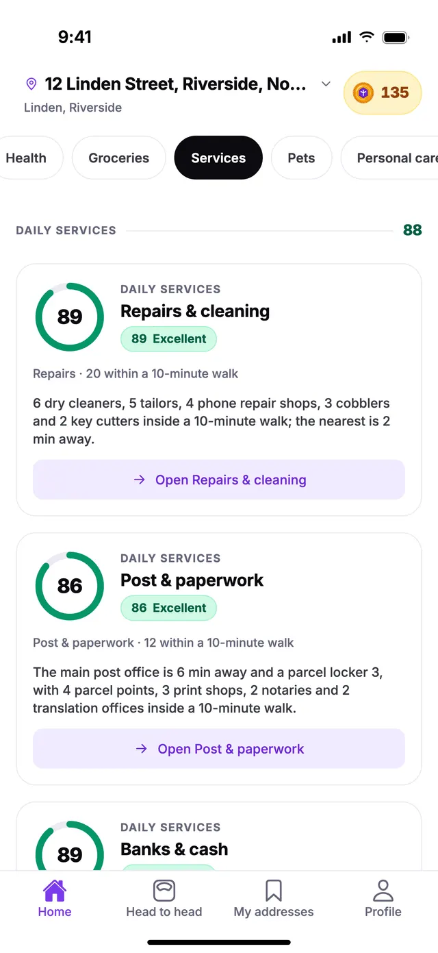 The Daily services group on the Home screen of TownSpec, for an example address.