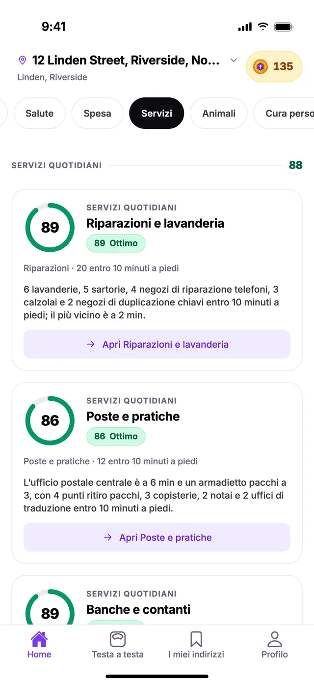 Il gruppo Servizi quotidiani nella schermata Home di TownSpec, per un indirizzo di esempio.