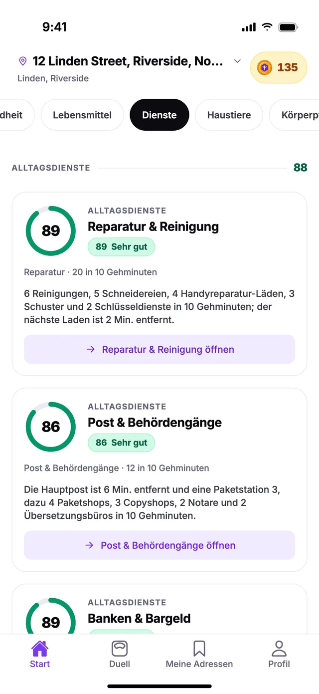 Die Gruppe Alltagsdienste auf dem Startbildschirm von TownSpec, für eine Beispieladresse.