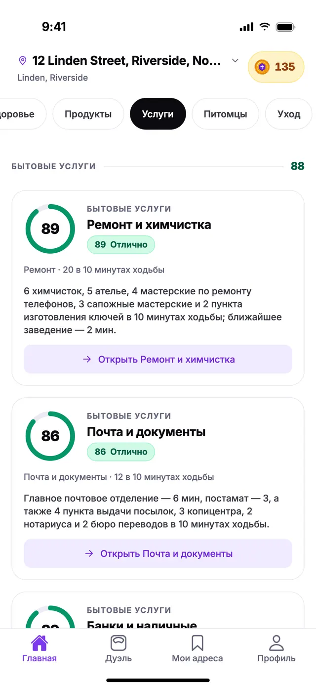 Группа «Бытовые услуги» на экране «Главная» в TownSpec для адреса из примера.