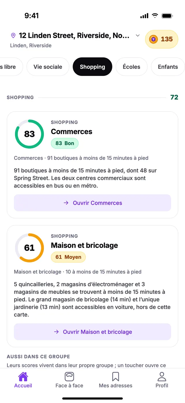 Le groupe Shopping sur l’écran Accueil de TownSpec, pour une adresse d’exemple.