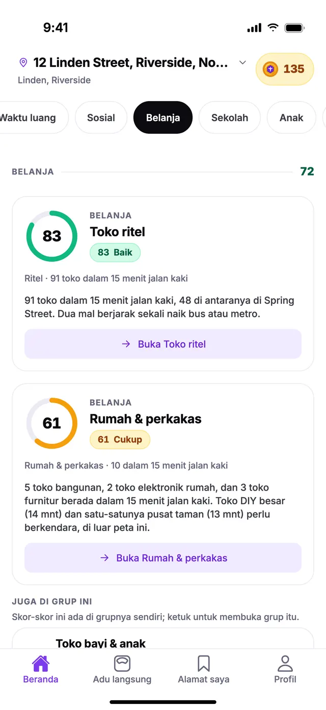 Grup Belanja di layar Beranda TownSpec, untuk alamat contoh.