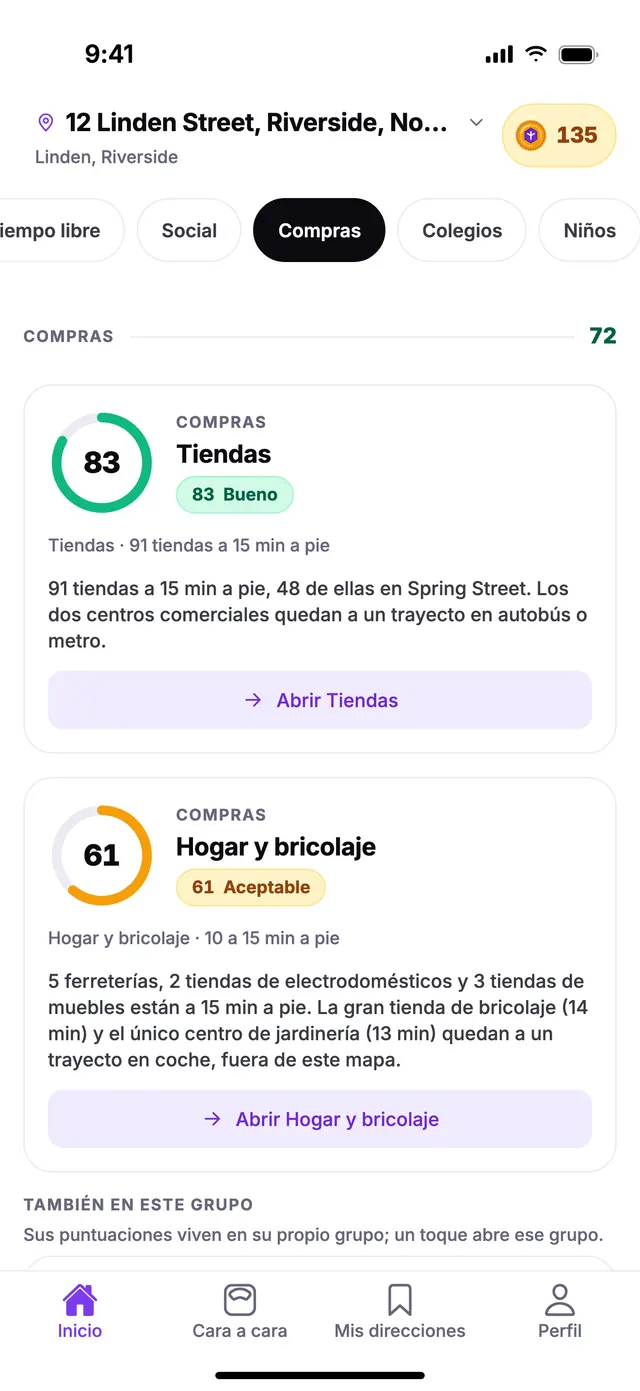 El grupo Compras en la pantalla de Inicio de TownSpec, con una dirección de ejemplo.