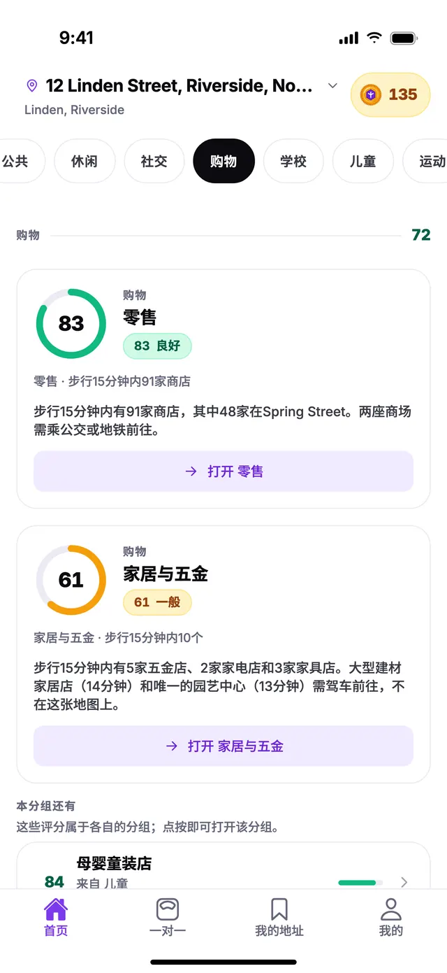 TownSpec 首页上，示例地址的购物分组。