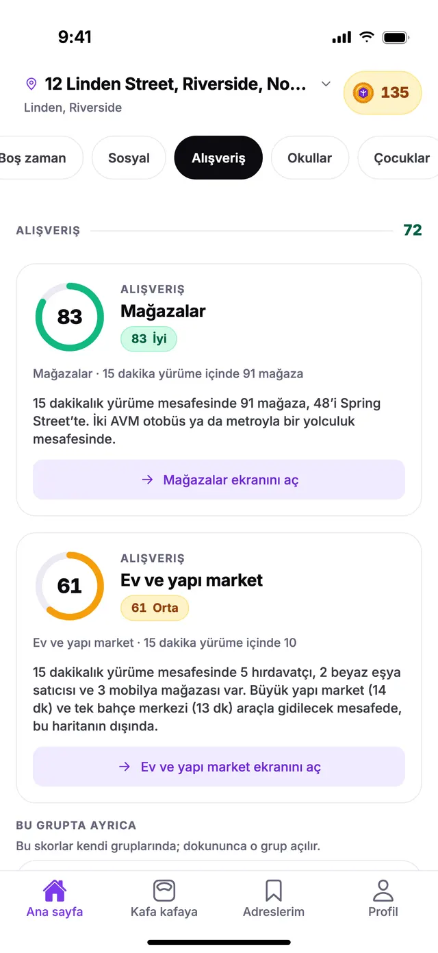 TownSpec Ana sayfasında Alışveriş grubu, örnek bir adres için.