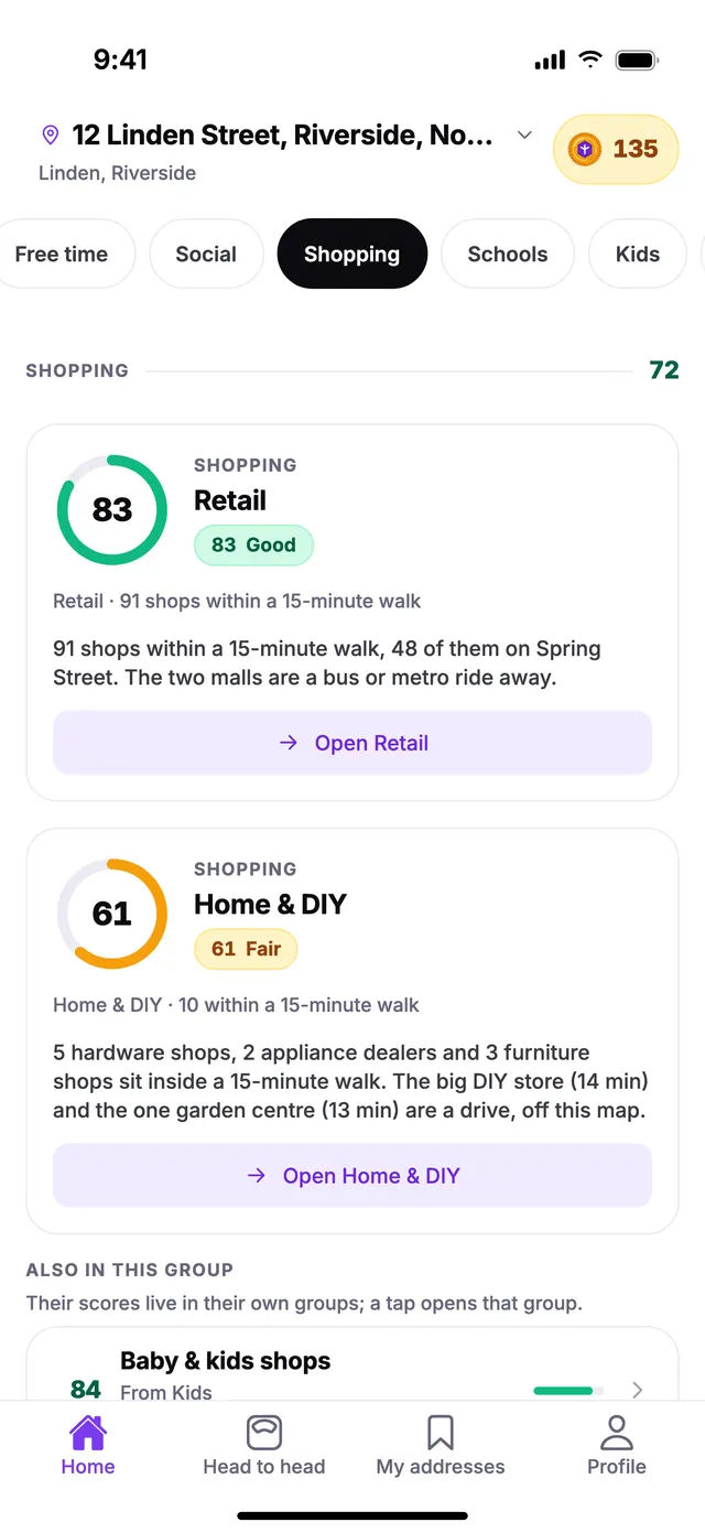 The Shopping group on the Home screen of TownSpec, for an example address.