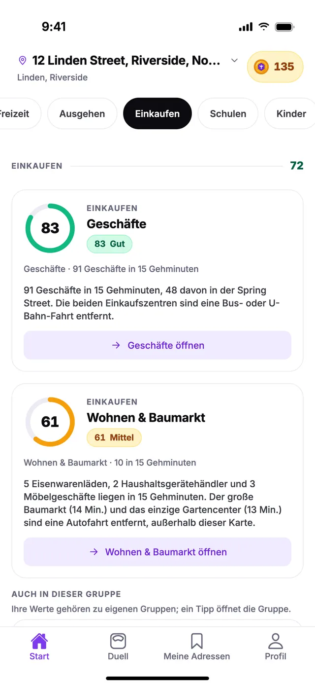 Die Gruppe Einkaufen auf dem Startbildschirm von TownSpec, für eine Beispieladresse.