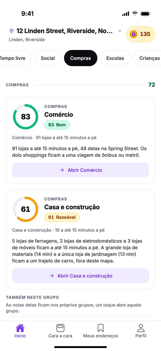 O grupo Compras na tela Início do TownSpec, para um endereço de exemplo.