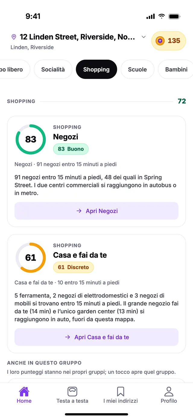 Il gruppo Shopping nella schermata Home di TownSpec, per un indirizzo di esempio.