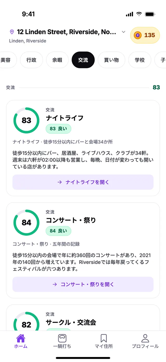 TownSpecのホーム画面にある交流グループ。サンプル住所での表示例です。