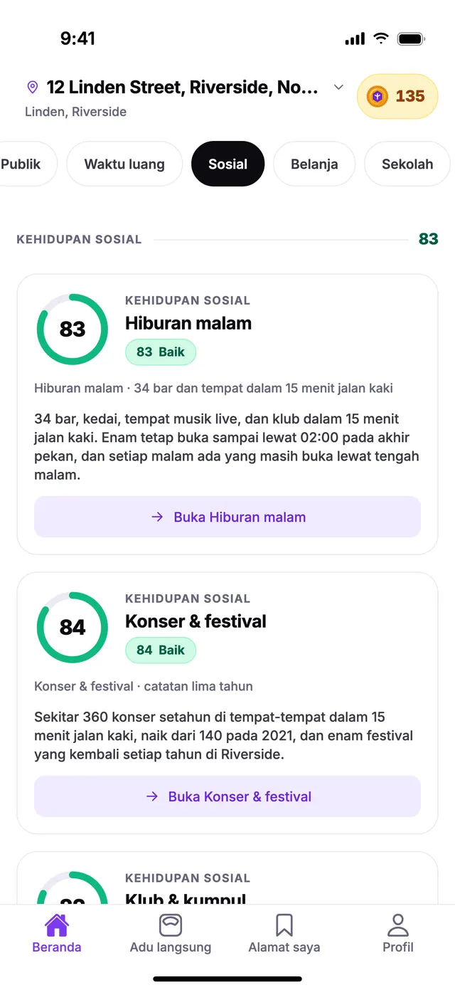 Grup Kehidupan sosial di layar Beranda TownSpec, untuk alamat contoh.
