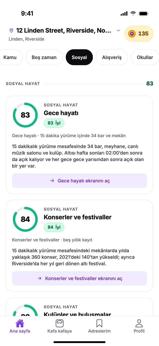 TownSpec Ana sayfasında Sosyal hayat grubu, örnek bir adres için.