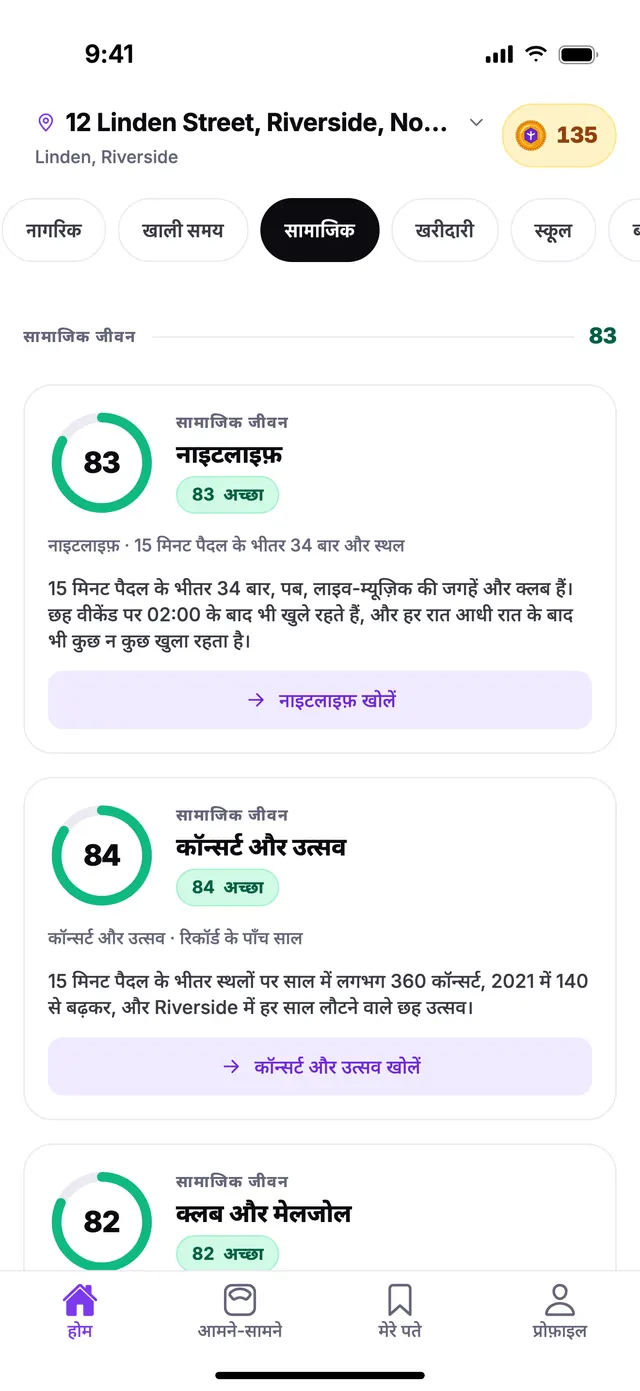 TownSpec की होम स्क्रीन पर सामाजिक जीवन समूह, एक उदाहरण पते के लिए।