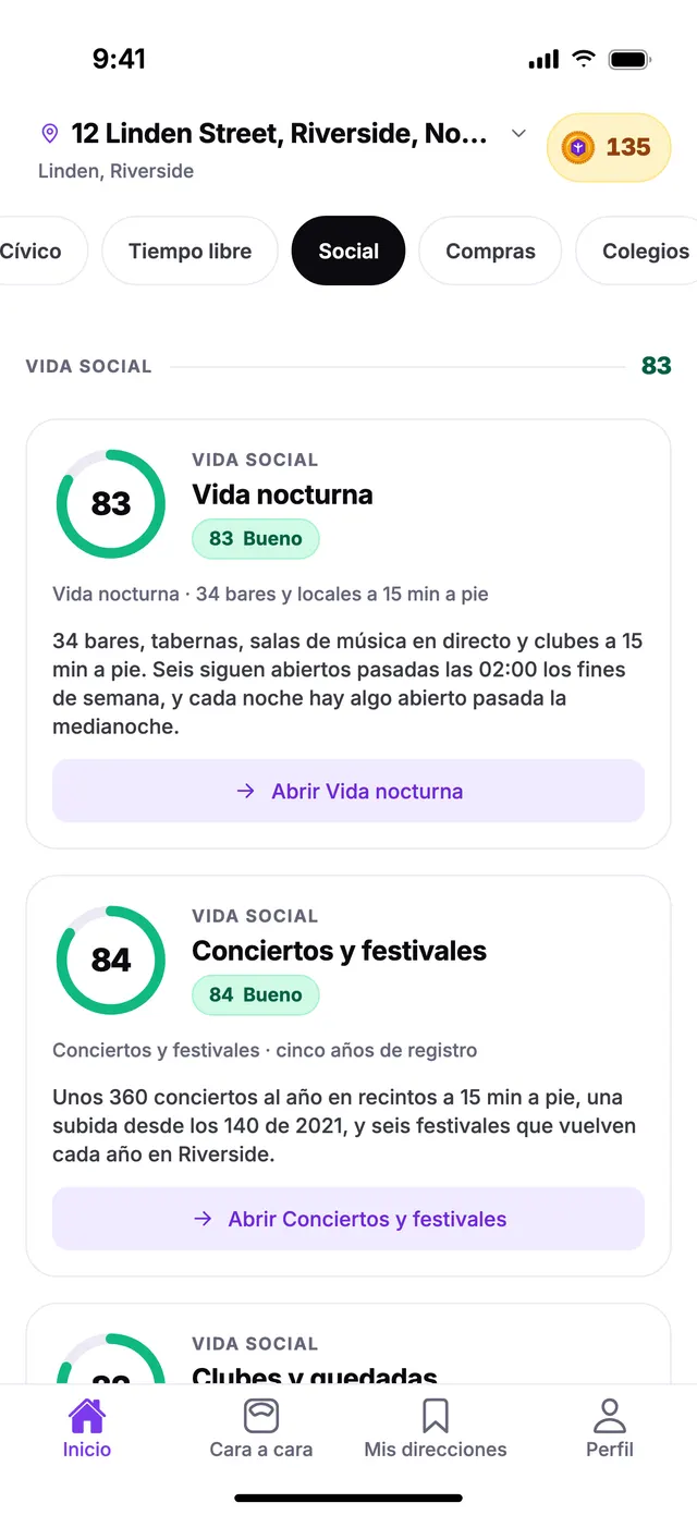 El grupo Vida social en la pantalla de Inicio de TownSpec, con una dirección de ejemplo.