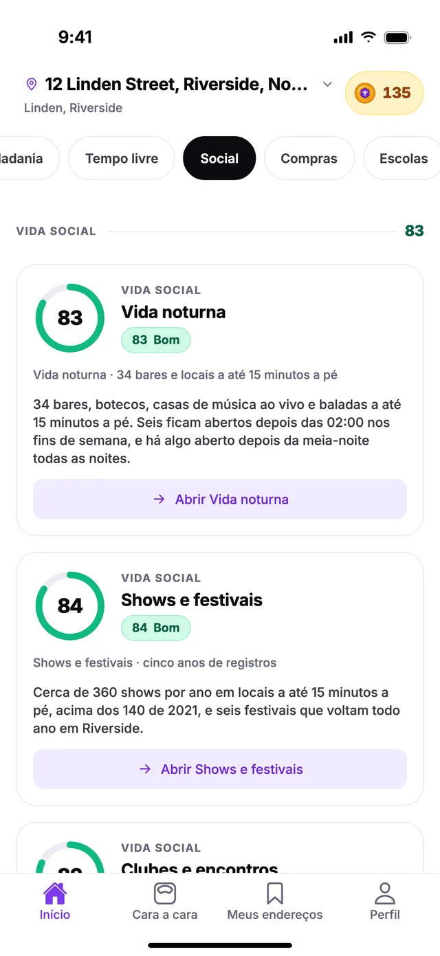 O grupo Vida social na tela Início do TownSpec, para um endereço de exemplo.