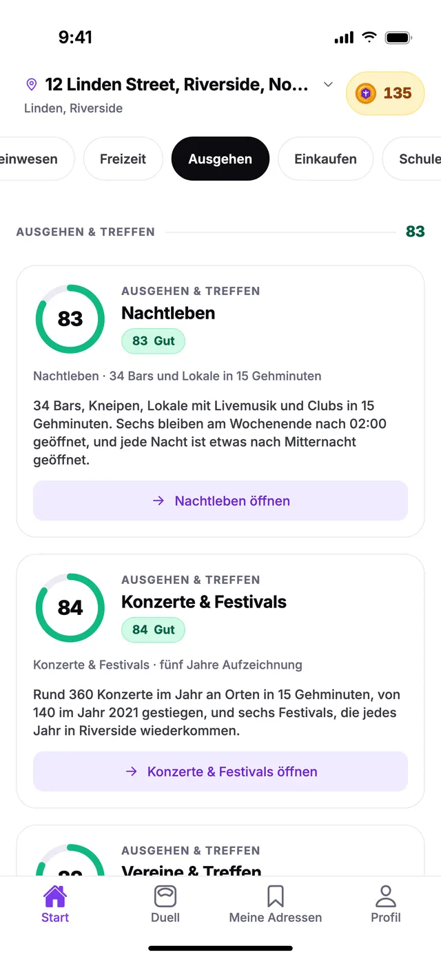 Die Gruppe Ausgehen & Treffen auf dem Startbildschirm von TownSpec, für eine Beispieladresse.