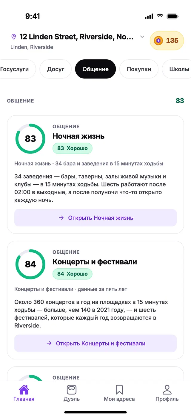 Группа «Общение» на экране «Главная» в TownSpec для адреса из примера.