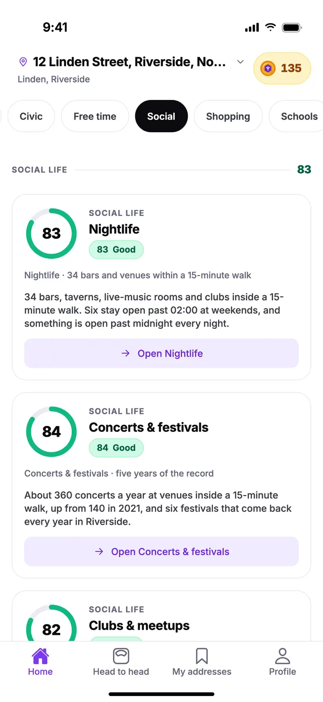 The Social life group on the Home screen of TownSpec, for an example address.