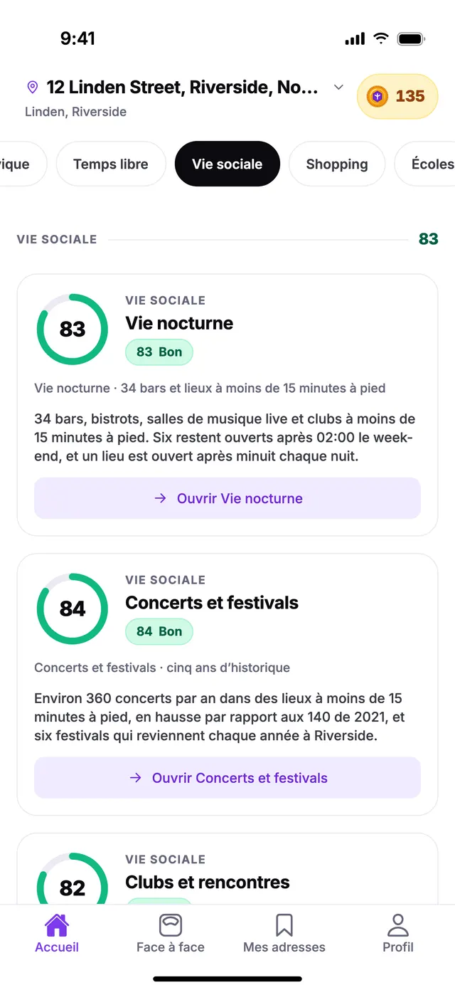 Le groupe Vie sociale sur l’écran Accueil de TownSpec, pour une adresse d’exemple.
