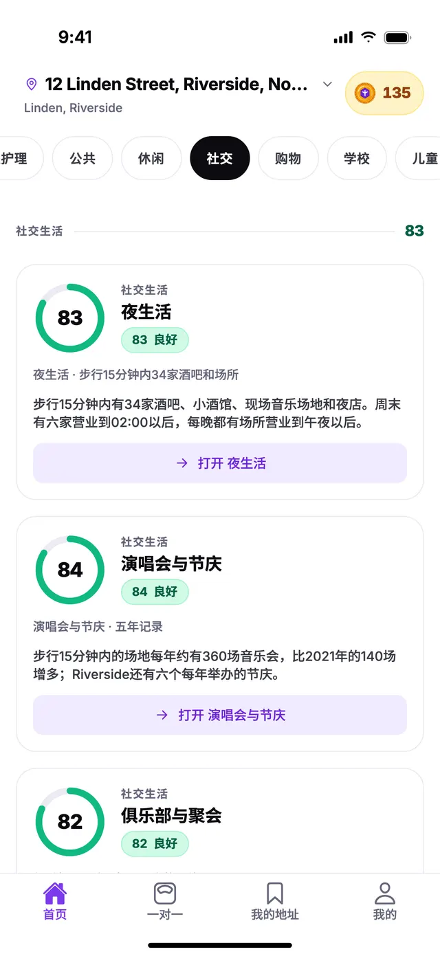 TownSpec 首页上，示例地址的社交生活分组。