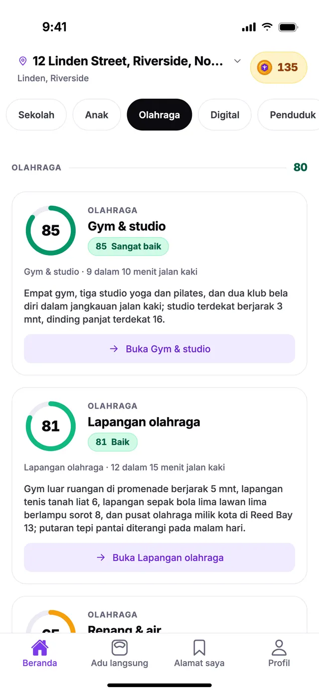 Grup Olahraga di layar Beranda TownSpec, untuk alamat contoh.