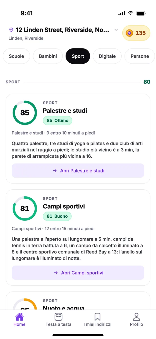 Il gruppo Sport nella schermata Home di TownSpec, per un indirizzo di esempio.