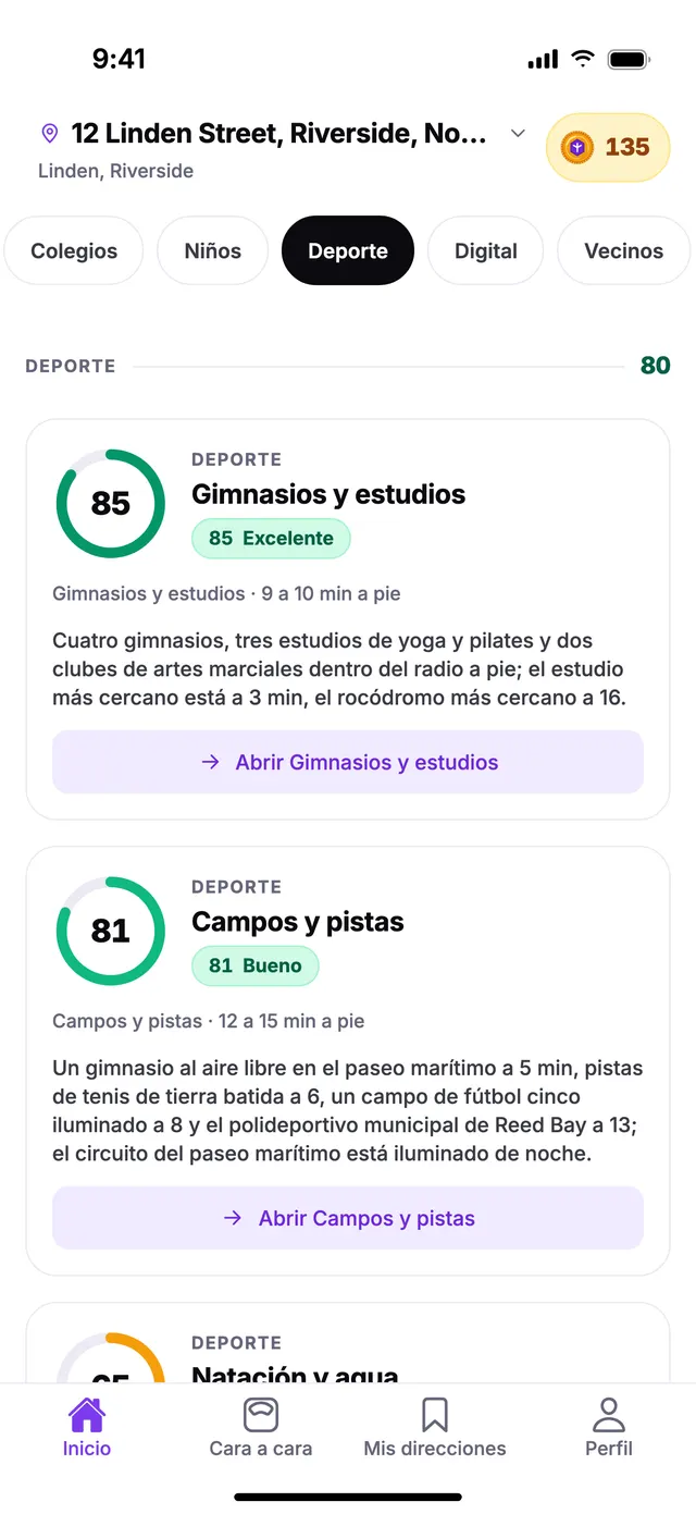 El grupo Deporte en la pantalla de Inicio de TownSpec, con una dirección de ejemplo.