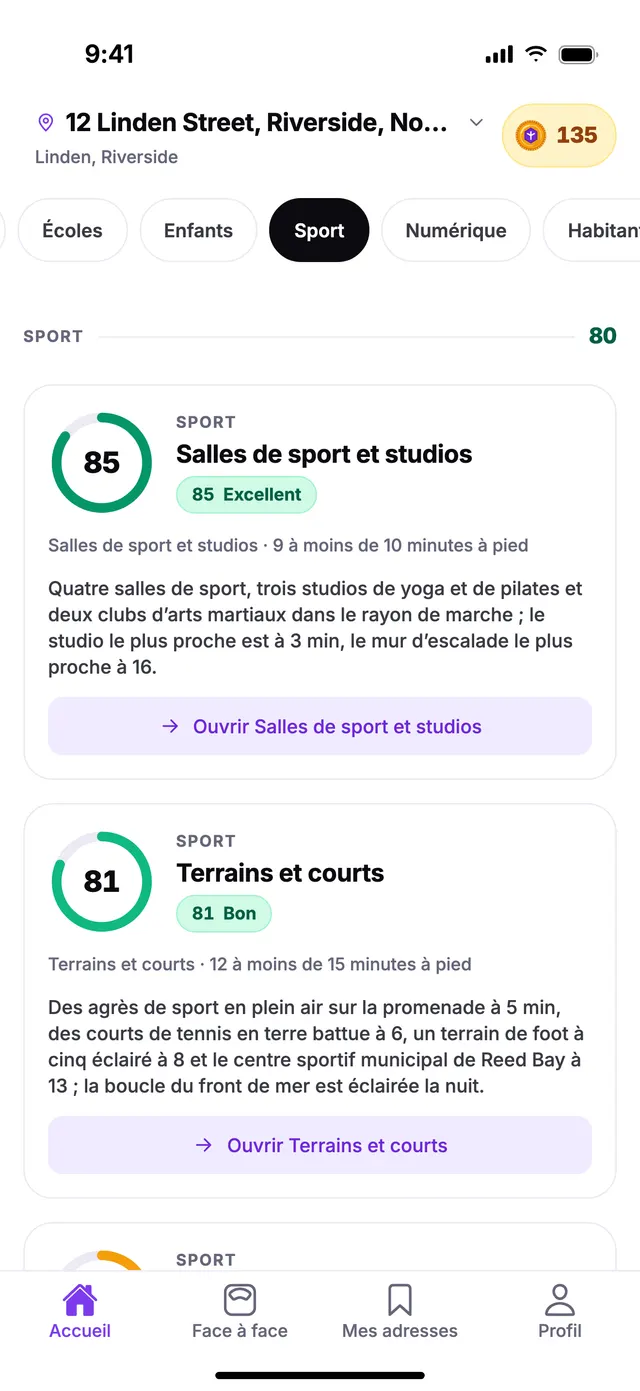 Le groupe Sport sur l’écran Accueil de TownSpec, pour une adresse d’exemple.