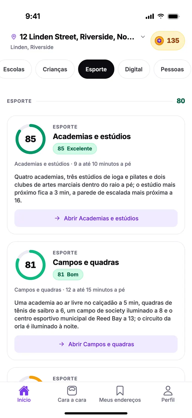 O grupo Esporte na tela Início do TownSpec, para um endereço de exemplo.