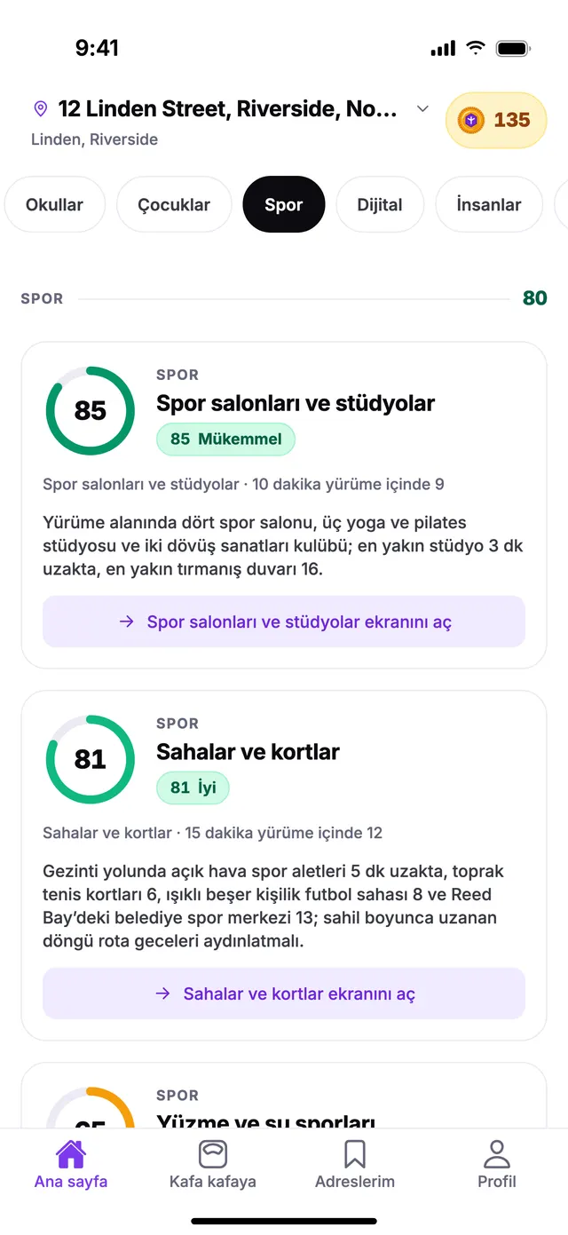 TownSpec Ana sayfasında Spor grubu, örnek bir adres için.