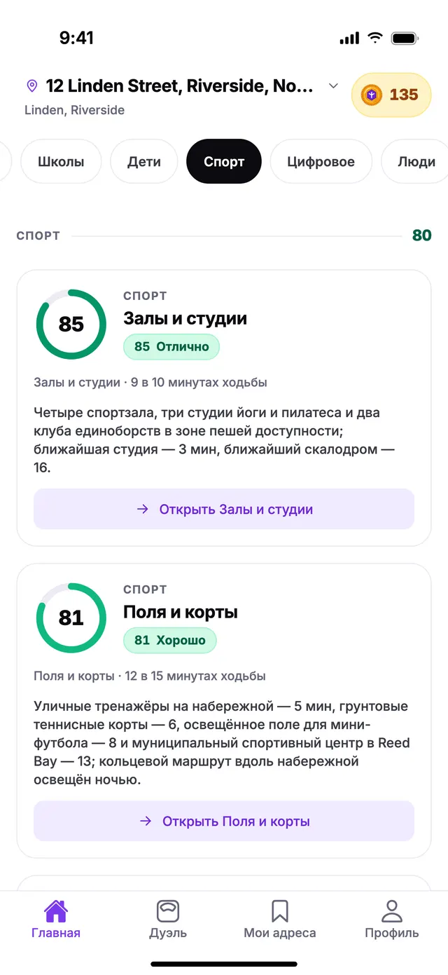 Группа «Спорт» на экране «Главная» в TownSpec для адреса из примера.