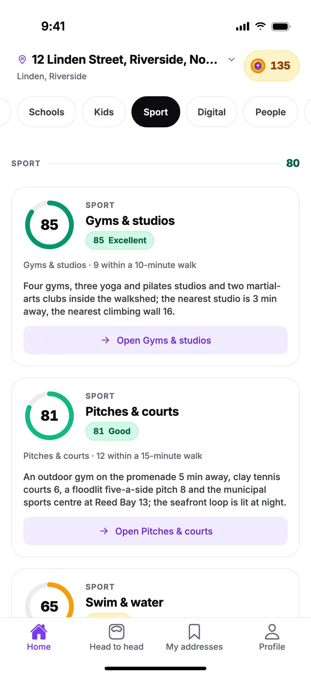 The Sport group on the Home screen of TownSpec, for an example address.