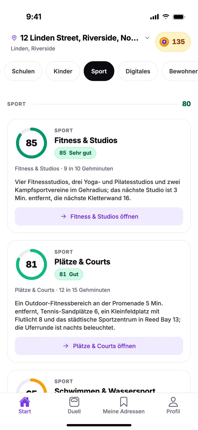 Die Gruppe Sport auf dem Startbildschirm von TownSpec, für eine Beispieladresse.