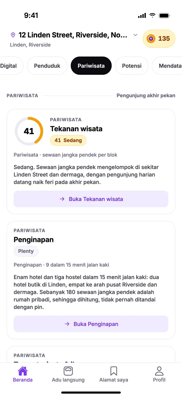 Grup Pariwisata di layar Beranda TownSpec, untuk alamat contoh.
